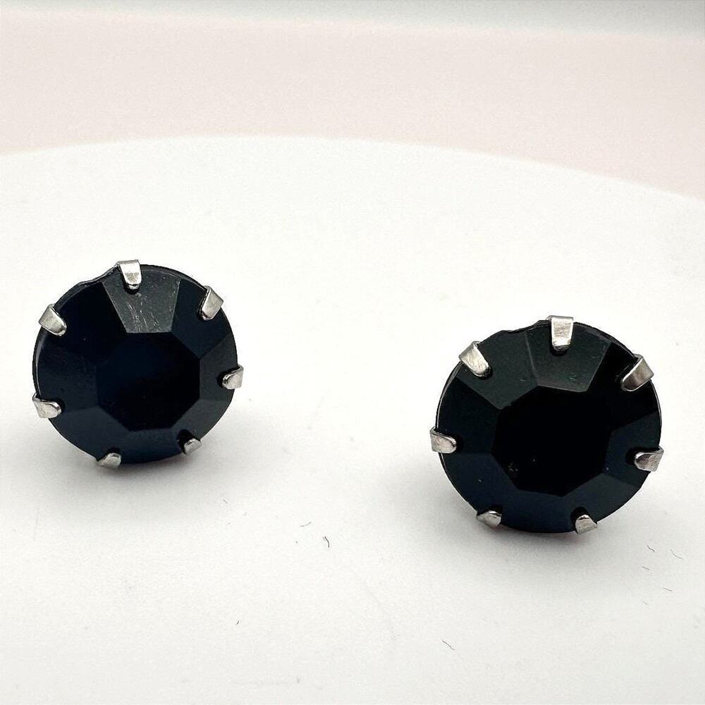 Vintage Y2K Silver Tone Round Black Rhinestone Stud Earrings Women's Jewelry 90s